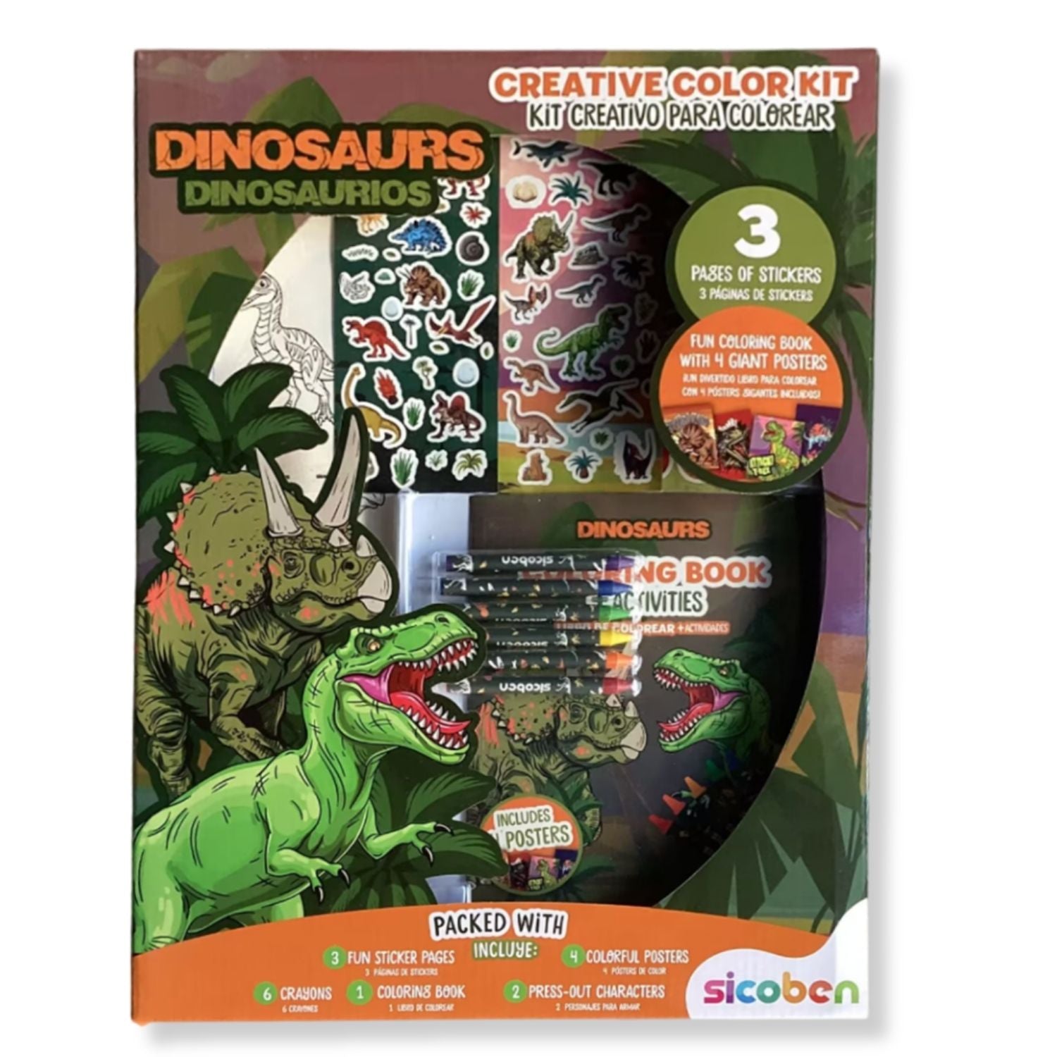 Kit creativo de colorear dinosaurios, incluye libros y pegatinas, diseño colorido